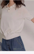 Women's Blue Ice Silk Knitted Polo Shirt Short Sleeve French Lapel Top Thin Summer High-Grade Shoulder T-Shirt - Matrix-studios.com