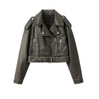 2025New Coal graysty le Women's washed leather jacket with belt, short coat with downgraded zipper and vintage lapel jacket - Matrix Studios