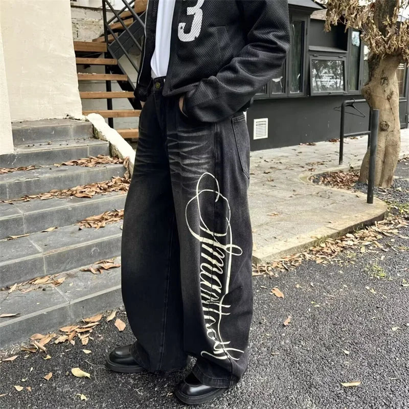 Autumn Men's Letter Printed Straight-Leg Baggy Jeans Hip Hop Fashion Washed Denim Pantalones American Retro Y2K Streetwear Jean - Matrix Studios