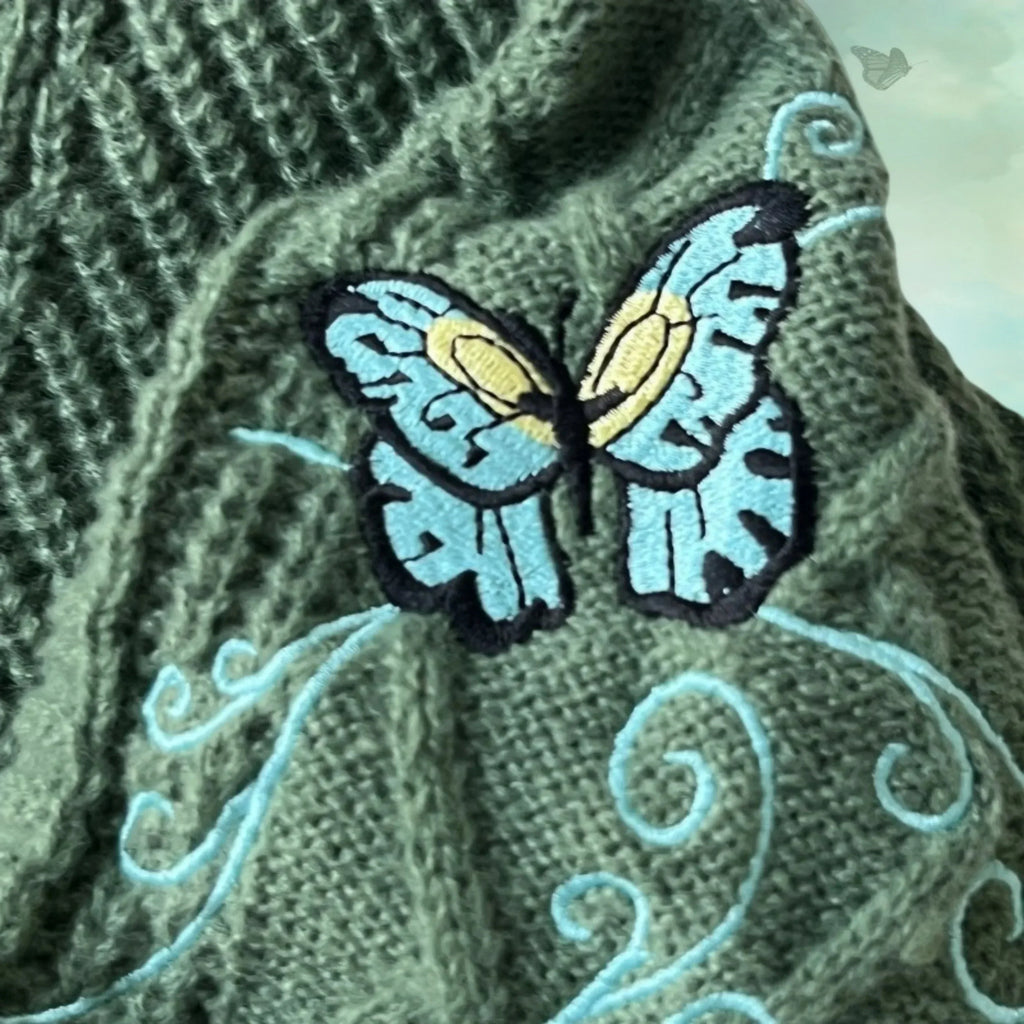 Butterfly Knitted Cardigan Women Dark Green Cardigans with Embroidery Winter Letter Patch Oversized Sweaters Tops Folklore Girl - Matrix Studios