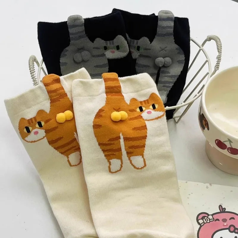 4pcs Funny Abstract 3D Cat Butt Mid-Tube Socks Cartoon Quirky Cotton Casual Socks Cat Egg Floor Sock for Cute Girls Couple Gifts - Matrix Studios