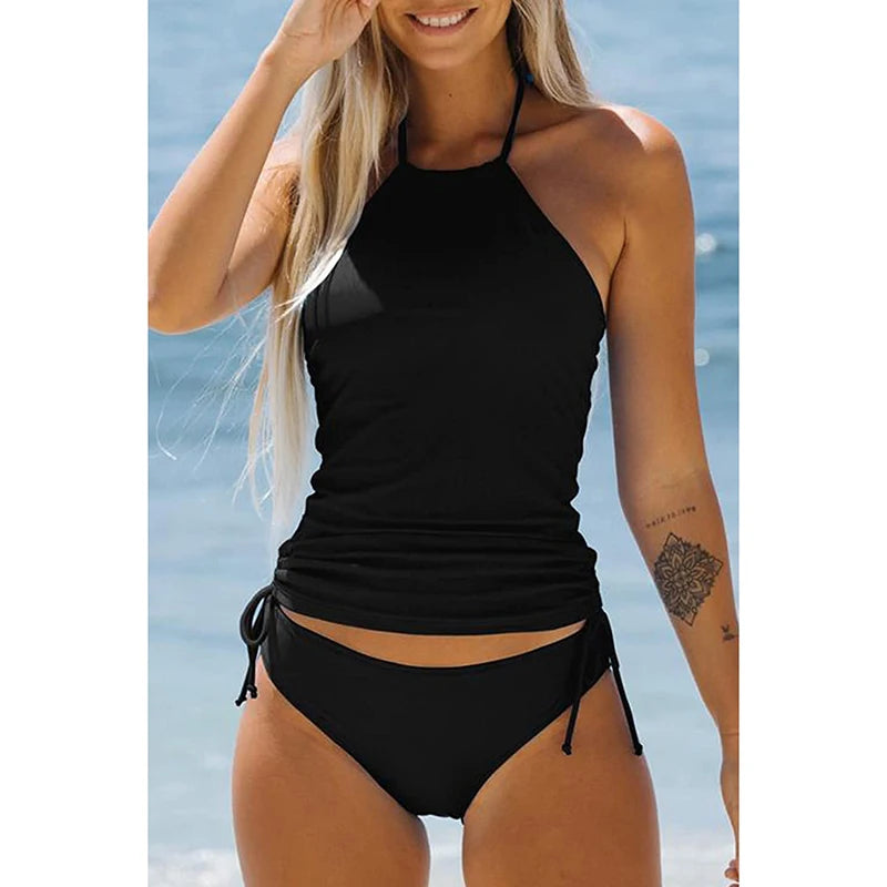 Women's Two Piece Suit Bathing Suit Solid Color Drawstring Side Halter Neck Tankini Set Black Bikinis Set Swimwears Beachwear - Matrix-studios.com