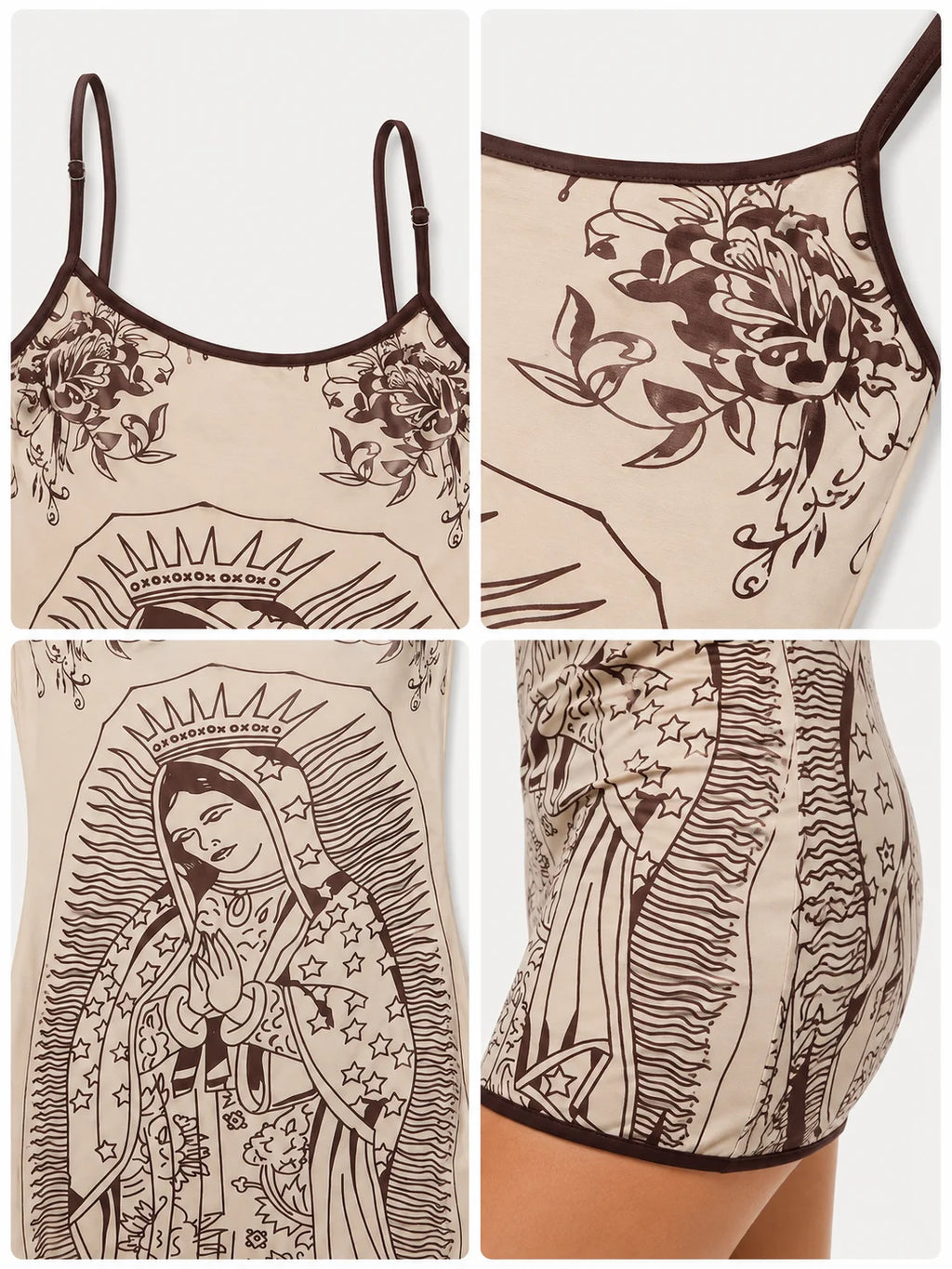Women Bodycon Mini Dress Adjustable Spaghetti Straps Virgin Mary Floral Print Contrast Trim Cami Dress Club Nightout Party Short Dresses - Matrix-studios.com