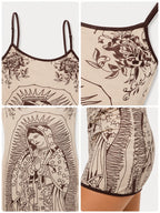 Women Bodycon Mini Dress Adjustable Spaghetti Straps Virgin Mary Floral Print Contrast Trim Cami Dress Club Nightout Party Short Dresses - Matrix-studios.com