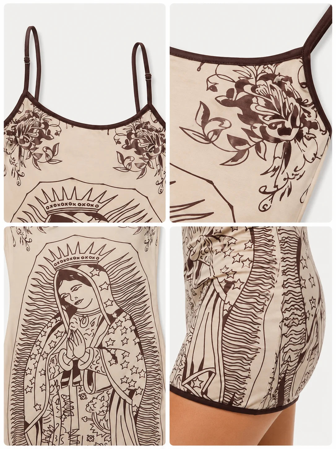 Women Bodycon Mini Dress Adjustable Spaghetti Straps Virgin Mary Floral Print Contrast Trim Cami Dress Club Nightout Party Short Dresses - Matrix-studios.com