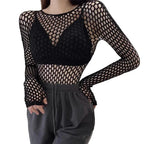 Womens Sexy Mesh Long Sleeve Fishnets Tops Fun Fashion Slim Fit Tops  Hollow Out See Through Loose Female T-shirts Crop soft Top - Matrix-studios.com