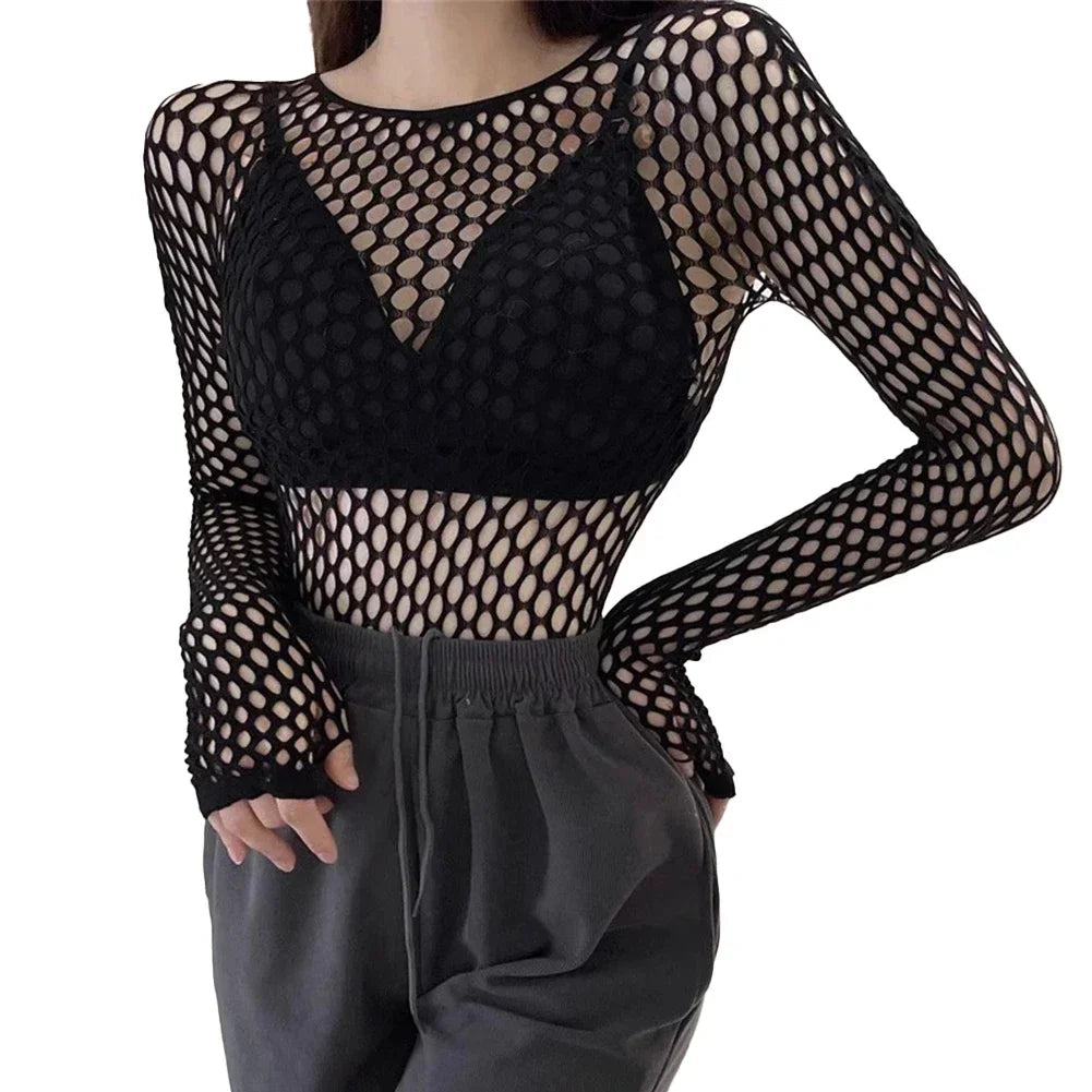 Womens Sexy Mesh Long Sleeve Fishnets Tops Fun Fashion Slim Fit Tops  Hollow Out See Through Loose Female T-shirts Crop soft Top - Matrix-studios.com