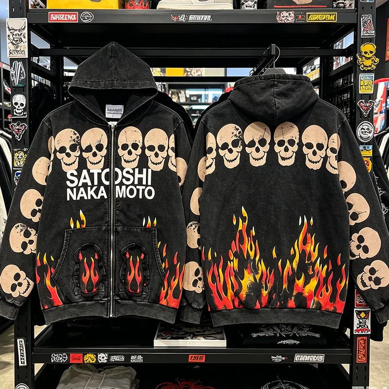 High Street SATOSHI Hoodies loose Jacket Men Women Retro Distressed Faded Flame Designs Skulls Print Zipper Hooded Sweatshirts - Matrix-studios.com