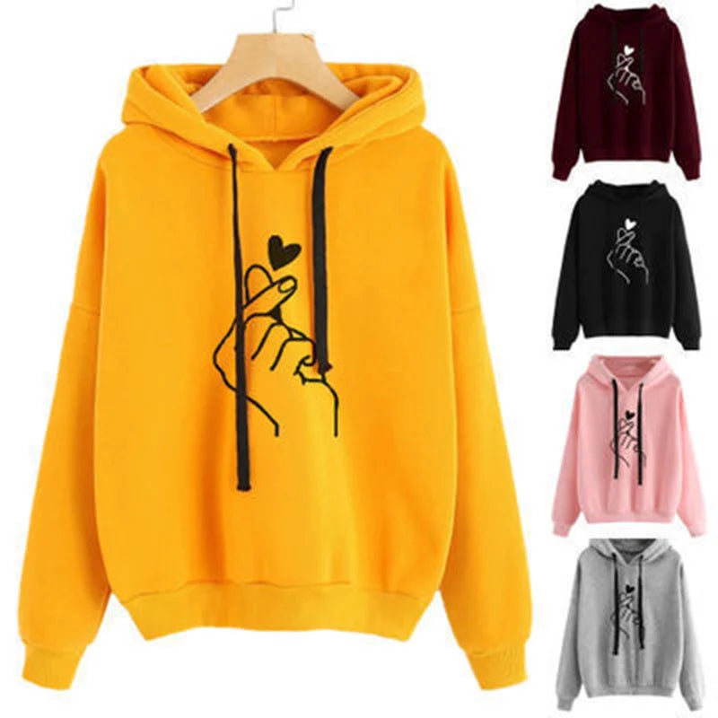 Autumn Fleece Hoodie Solid Color Finger Heart Hooded Korean Fashion Sweatshirts Long Sleeve Top Drawstring Pockets Loose Hoodies - Matrix-studios.com