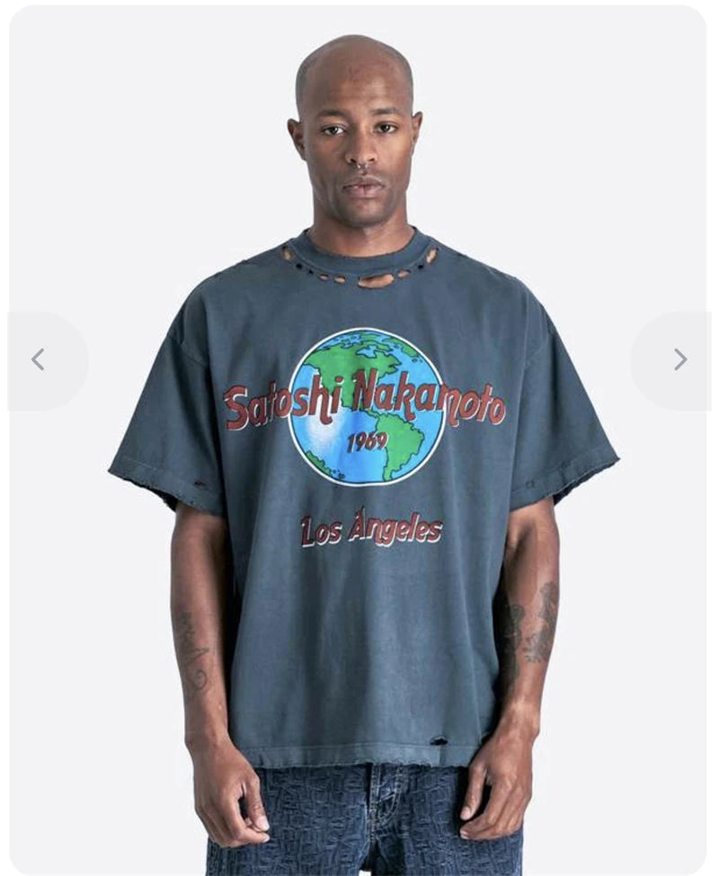 Summer Satoshi Street Vintage Letter Pattern Print Comfort Round Neck Short Sleeve Washed Versatile Trendy Loose Casual T-shirt - Matrix-studios.com
