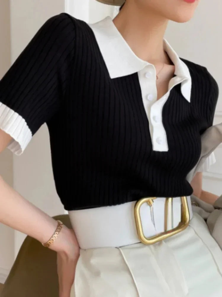 Fashion Summer T-shirts for Women Slim Fit Polo Women's T-shirt Collar Knitted Ice Silk T-shirt Knitting Elegant Crop Top - Matrix-studios.com