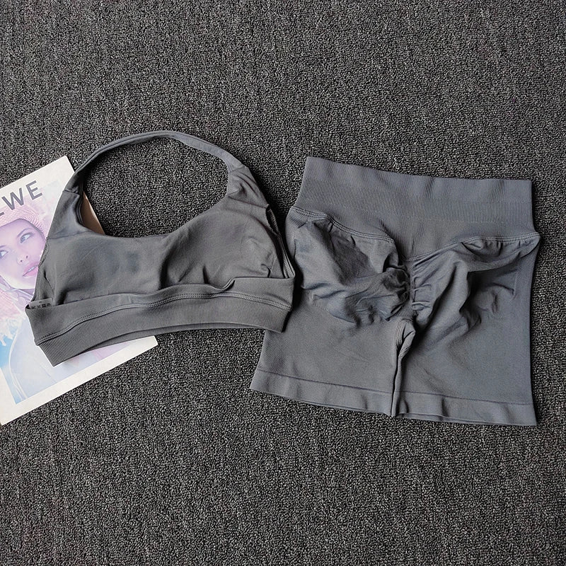 2PCs Peach High Waist Belly Hip Lifting Sports Bras Shorts Suit Gathering Shock-proof Neck Halter Yoga Suit Running Fitness Set - Matrix-studios.com