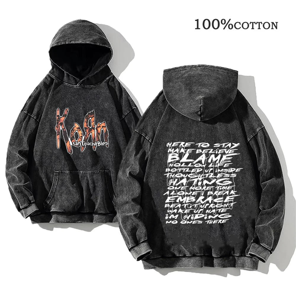 Korn Rock Band World Tour Hoodies Vintage Washed Men's Sweatshirts Cotton Hip Hop Streetwear Hooded Pullover Loose Y2K Tops - Matrix Studios
