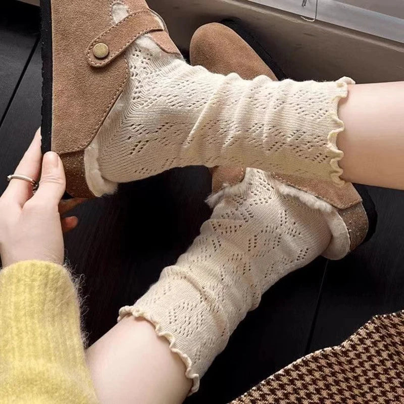 Autumn Women's Socks with Lace Trim Hollow-Out Mesh Breathable Slouch Solid Color Trendy and Versatile for Instagram Style Socks - Matrix Studios