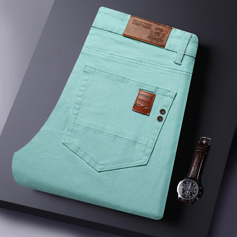 2025 Autumn Men's Elastic Colorful Jeans Breathable Casual  Straight Fitted Solid Color Denim Pants Korean Fashion Trousers - Matrix Studios