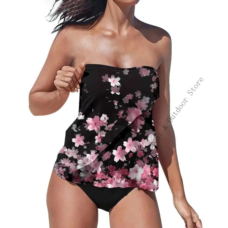 Strapless Tankini Swimsuits for Women 2 Piece Bathing Suits Bandeau Blouson Swim Top with Bottom - Matrix-studios.com