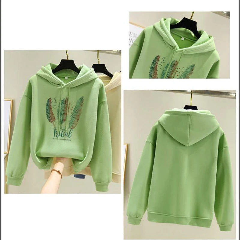 Women Fashion Feather Printed Hoodies Autumn Winter Plus Velvet Casual Loose Sweatshirt - Matrix-studios.com
