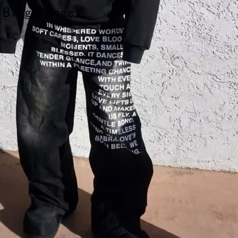 2025 American Fashion Jeans Letter Printing Pattern High Street Casual Wide Legs Y2K Men's Retro Gothic Trendy Casual Pants - Matrix Studios