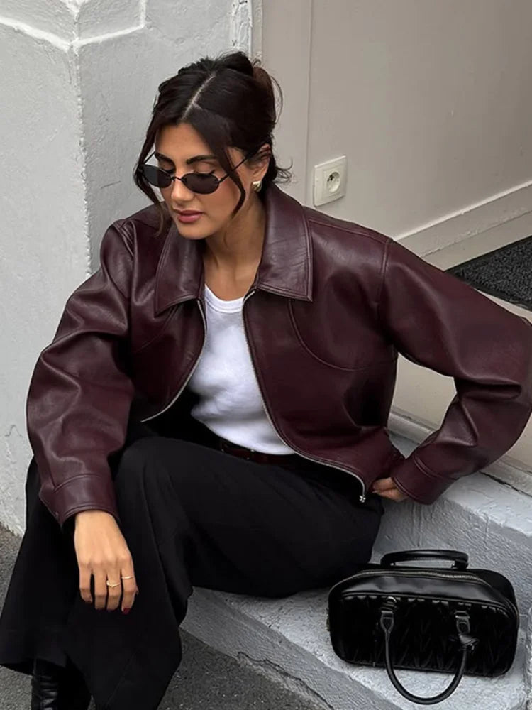 Solid Lapel Collar Waist-cinching Faux Leather Jacket Women's Hook Cut Out Split Cuffs Pu Coat 2026 Autumn Street Casual Outfits - Matrix Studios