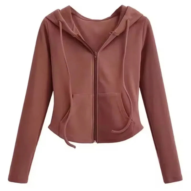 Lucyever Cropped Hooded Zip-Up Jacket Women Autumn New Slim Long Sleeve Y2K Sweatshirts Female Solid Streetwear Sports Hoodies - Matrix Studios