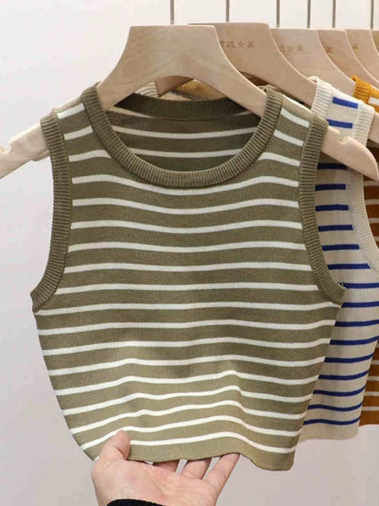2026 Spring Summer New Sleeveless Ice Silk Knit Tank Top Striped O-Neck Women's Camisole Slim Fit Versatile Sexy Crop Tops - Matrix-studios.com