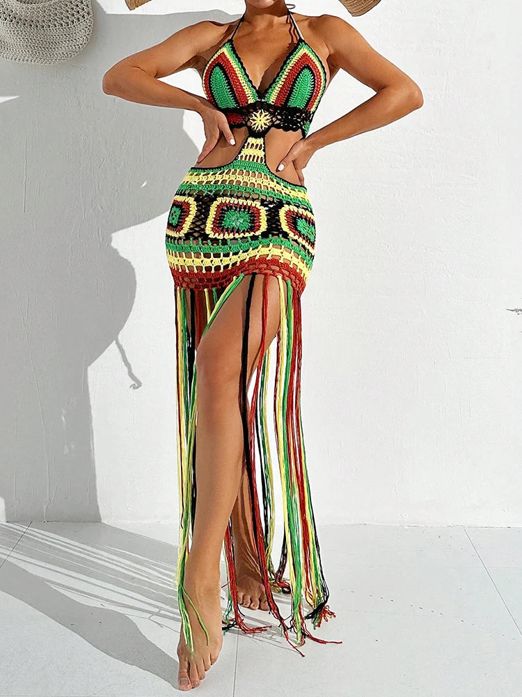 Women Summer Crochet Halter Deep V Neck Cover Ups Multicolor Swimsuit Long Tassel Bikini Knit Dress Cover-Ups Backless Beachwear - Matrix Studios