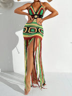 Women Summer Crochet Halter Deep V Neck Cover Ups Multicolor Swimsuit Long Tassel Bikini Knit Dress Cover-Ups Backless Beachwear - Matrix Studios