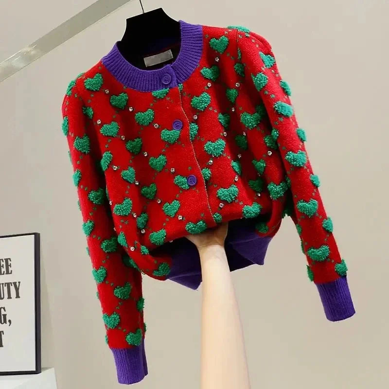 Heart Plaid Viscose Wool Thick O-Neck Vintage Knitted Women's Cardigans Sweater Fashion Single Breasted Short Cardigan For Women - Matrix Studios