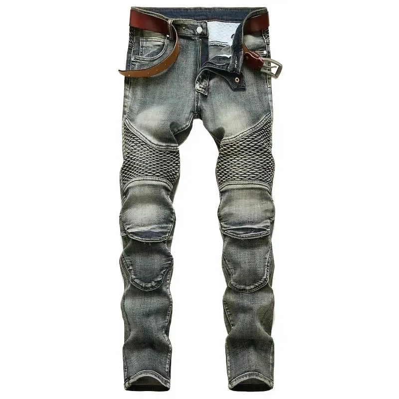 Men's New Casual Motorcycle Jeans Hip Hop Street Riding Stretch Slim Fit Straight Pants Patchwork Fashion Denim Trousers Male - Matrix Studios