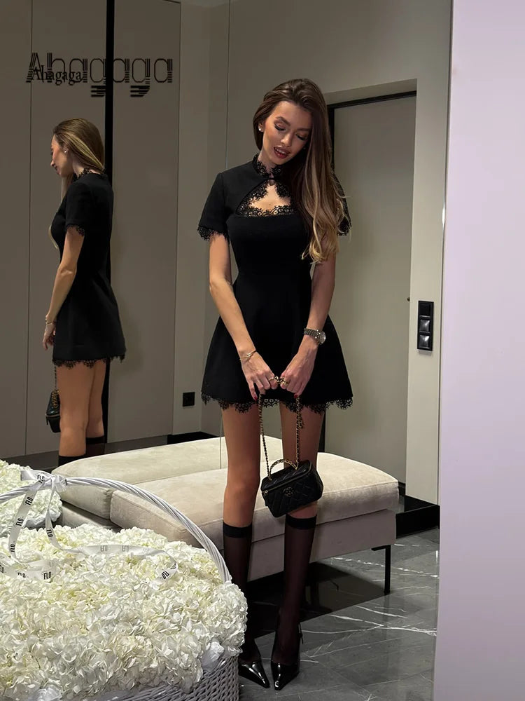 Ahagaga Sexy Women's Mini Dresses Patchwork Short Sleeves Lace Hollow Out Slim Fit Trend Baisc Turtleneck Streetwear Female Robe - Matrix-studios.com