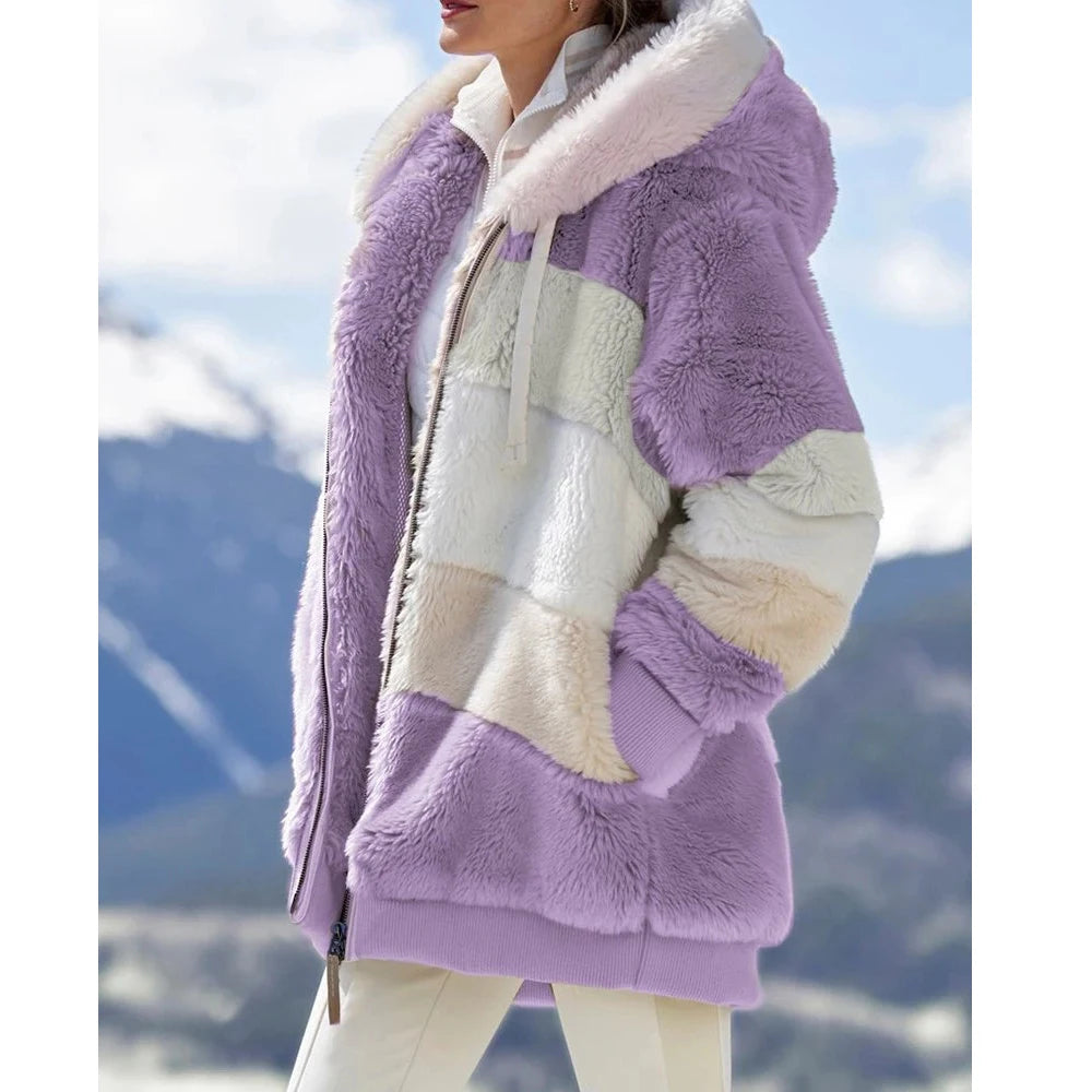 Oversized Jacket for Women Coat 2025 Autumn Winter Warm Plush Pocket Hooded Streetwear Loose Lady Zipper Cashmere Outerwear Coat - Matrix-studios.com