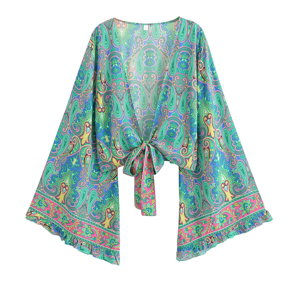 Boho Queens Women Wild Star and Moon Floral Beach Summer Short Kimono Ruffles Flare Sleeve Vacation Bohemian Bikini Cover-ups - Matrix Studios