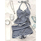 Women 2 Piece Striped Bikinis Set Tankini Swimsuit Stripe Halter Ruched Front Swimwears Boyshort Bikini Tummy Bathing Suit - Matrix-studios.com