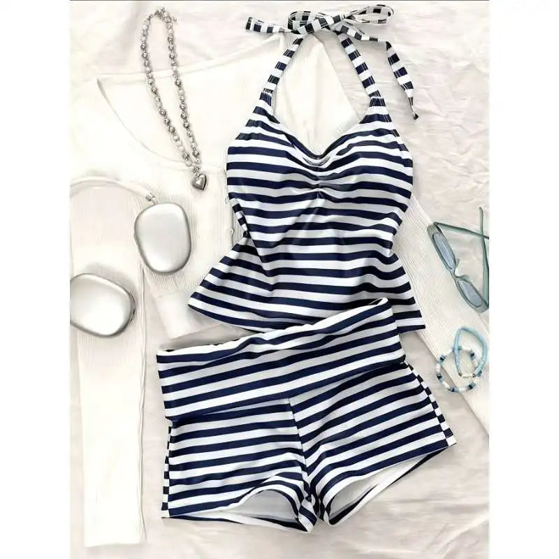 Women 2 Piece Striped Bikinis Set Tankini Swimsuit Stripe Halter Ruched Front Swimwears Boyshort Bikini Tummy Bathing Suit - Matrix-studios.com