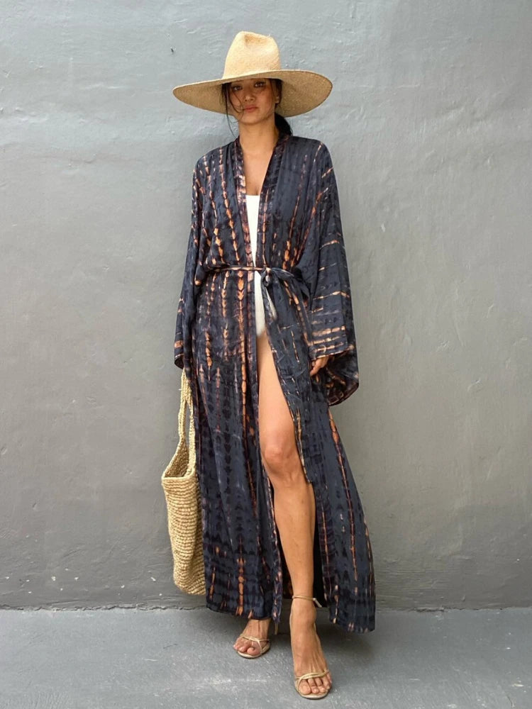 Bikini Cover Up Tie Dye Printed Women Long Beach Kimono Swimsuit Cape 2022 New Summer Beachwear Self Belted Bathing Suit - Matrix Studios