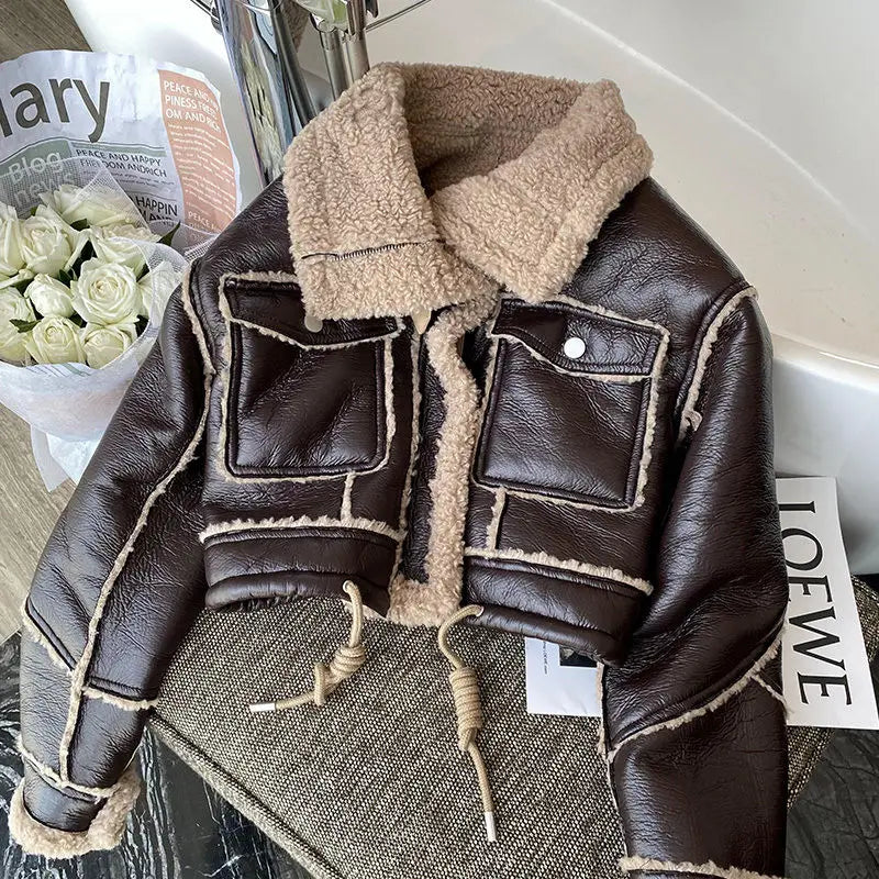 Black Lambswool Jacket Winter Thickened Plus Velvet Motorcycle Faux Leather Stitching Coat PU Plush Cardigan Stand Collar Tops - Matrix Studios