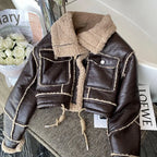 Black Lambswool Jacket Winter Thickened Plus Velvet Motorcycle Faux Leather Stitching Coat PU Plush Cardigan Stand Collar Tops - Matrix Studios