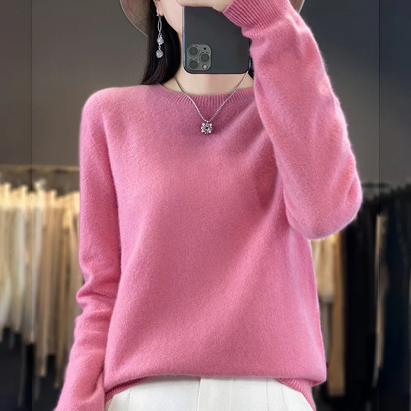 100% Merino Wool Sweater Women O-neck Cashmere Knitwear Female Pullover Autumn Winter Casual Tops Solid Color Soft  Clothing - Matrix Studios