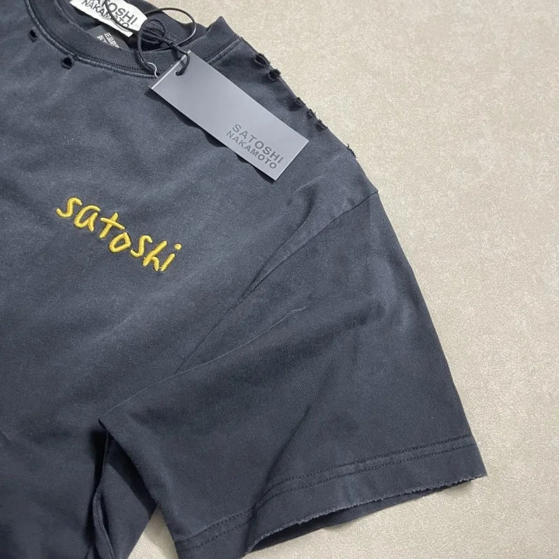 Good Quality Damaged Hole Oversized Tee Logo Embroidery Satoshi T-Shirt Washed Brown Black T Shirt Man - Matrix-studios.com