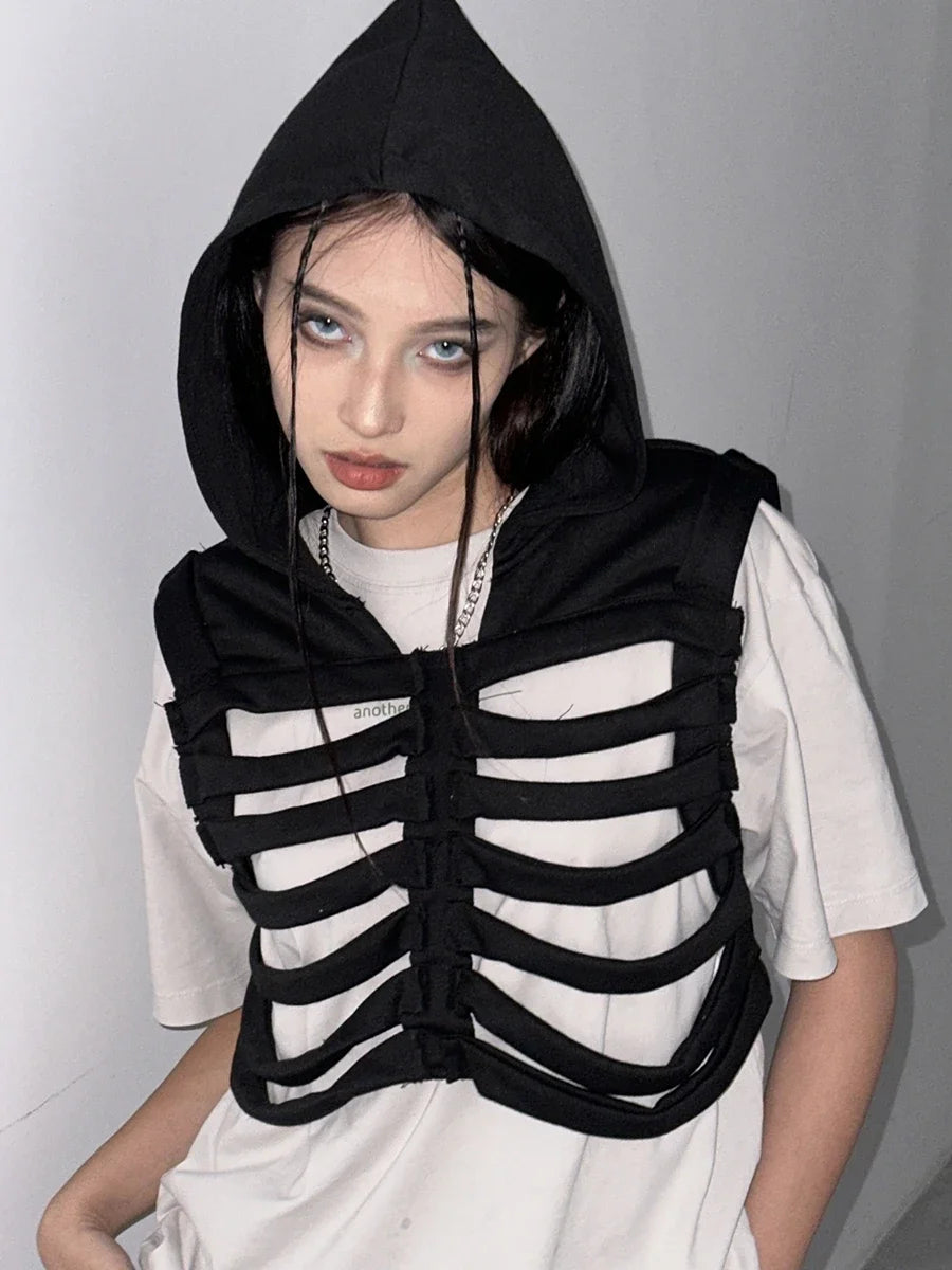 Women Gothic Vest Coat Hollowed Skeletal Gilet Hoodie Sleeveless Hooded Waistcoat Streetwear for Party - Matrix Studios
