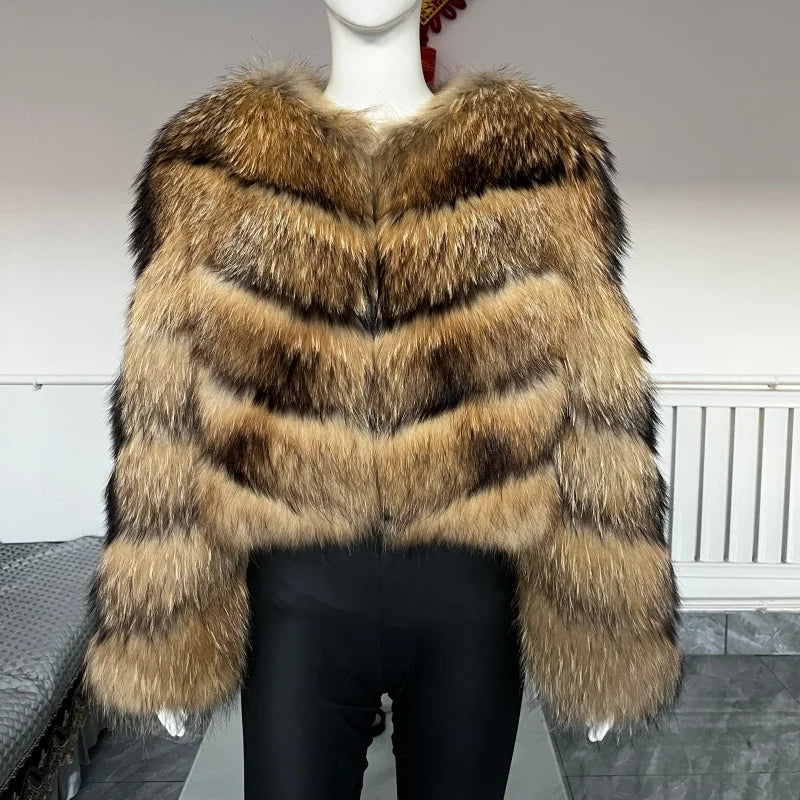 BEIZIRU Women's Real Raccoon Fur Coat Winter Long Sleeve Hooded Jacket with Turndown Collar Natural Luxury Thick Top - Matrix Studios