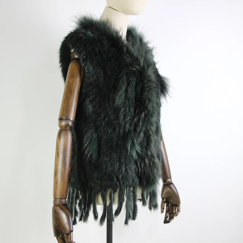 Harppihop womens natural real rabbit fur vest with raccoon fur collar waistcoat/jackets rex rabbit knitted winte - Matrix Studios