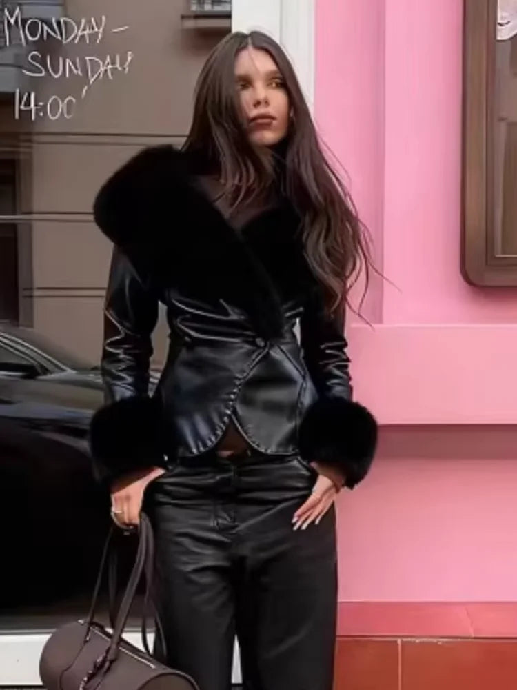 Black Fur Collar Leather Jacket Women Chic Solid Full Sleeves Waist Cinching V-neck Short Coat 2026 Lady High Street Outerwear - Matrix Studios