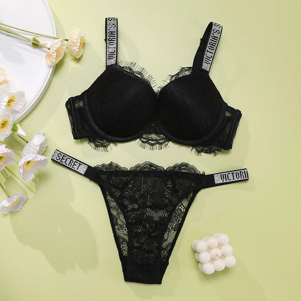 New Women's Sexy Bra and Panty Set Comfortable Push Up Shapewear Adjustable Padded Gathered V Lace Lingerie Set - Matrix-studios.com