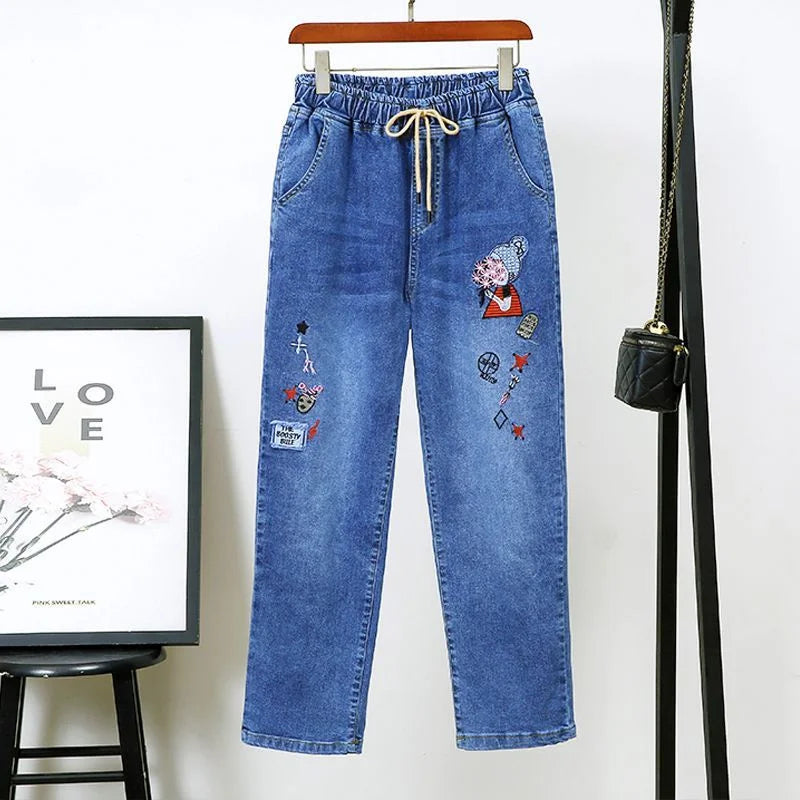 Middle-aged Women's Jeans Spring Autumn Stretch Waist Straight Denim Pants Large Size Loose High Waist Casual Black Blue Trouser - Matrix-studios.com