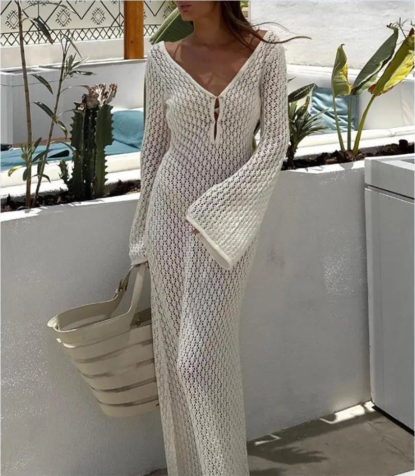 Yiiciovy Sexy Women Long Knit Beach Dress Hollow-Out Deep V-Neck Long Sleeve Bikini Cover-Ups Dress Fall Backless Holiday Dress - Matrix Studios