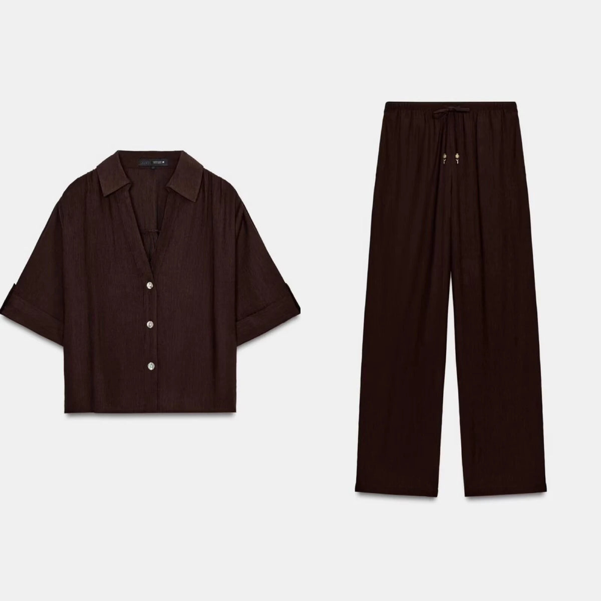 2026 summer women's collar short sleeved casual drape shirt high waist elastic waist long straight leg pants set - Matrix-studios.com