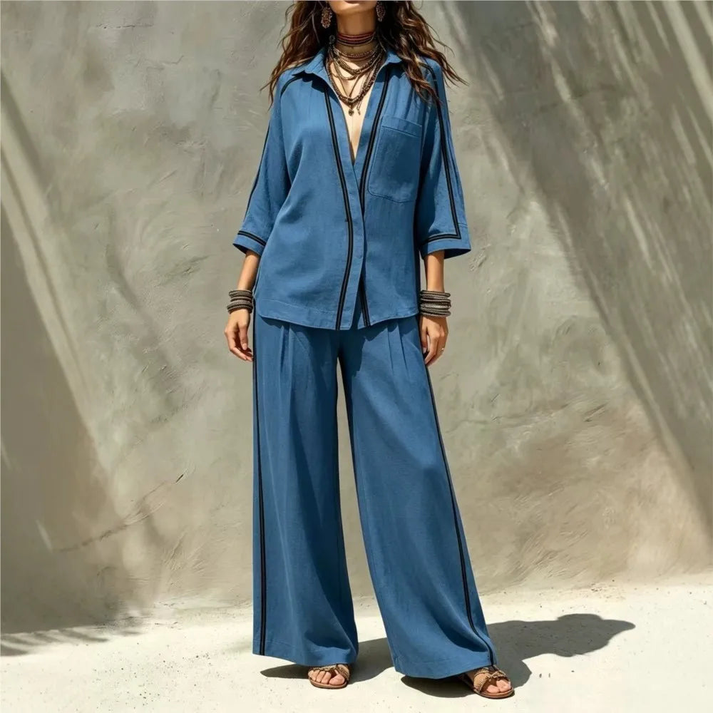 Women 2 Piece Set Contrast Black Piping 3/4 Sleeve Lapel V‑Neck Loose Shirt High Waist Wide Leg Pants Elegant Casual Office Suit - Matrix-studios.com