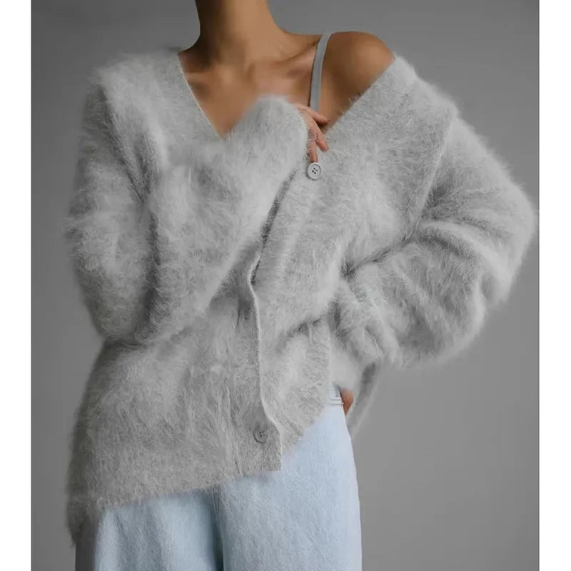 Spring Autumn Women Cardigan Sweater Jacket 2025 Imitation Mink Fur Versatile Female Sweater V-neck Loose Ladies Knitted Top - Matrix Studios
