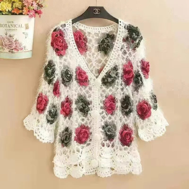 Three-Dimensional Flower Openwork Crocheted Sweater Cardigan Women's Spring And Autumn New Heavy Industry Joker Sweater 3XL Coat - Matrix Studios